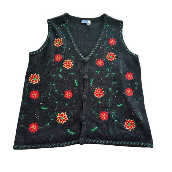 Holiday Editions Sweaters - Holiday Editions Christmas Sweater Vest Knit Embroidered Poinsettia Size 1X